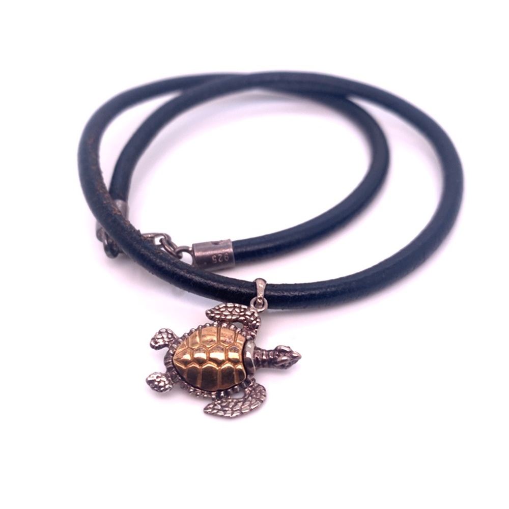 14kYG/925 silver Turtle pendant cord necklace 16”